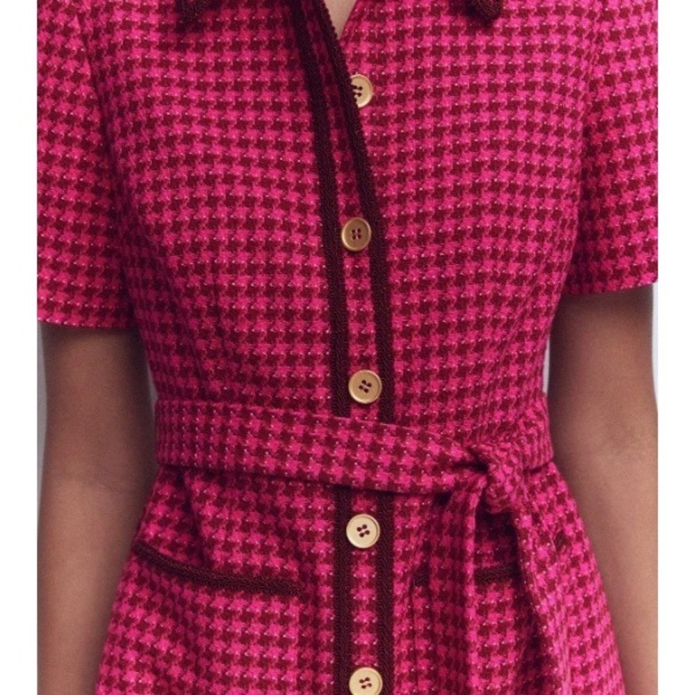 Boden Pink Houndstooth Tweed Mini Dress Short Sleeve Button Front Belted | 12L - Picture 4 of 6